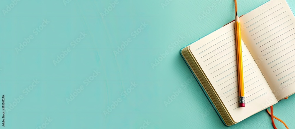 Aufkleber partial view of an opened notebook with a pencil on a turquoise background, offering a flat perspect
