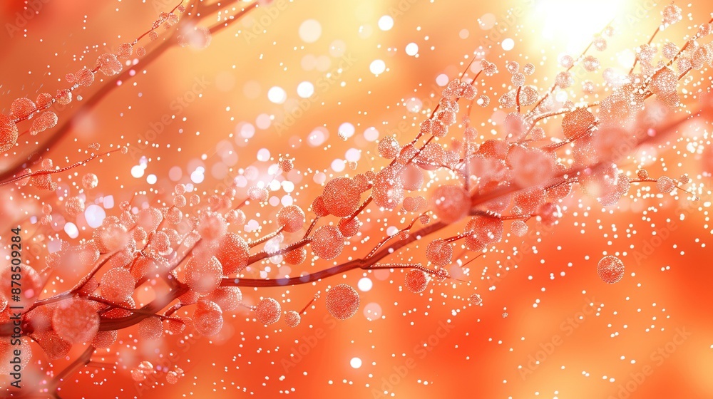 Poster a close-up of a tree branch with water droplets and sun in the background