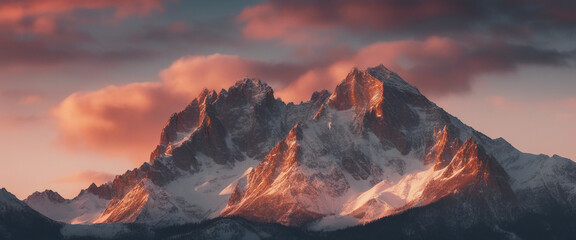 Naklejka premium close-up view of a snowy and jagged rocky mountain peak, dramatic sunset colors