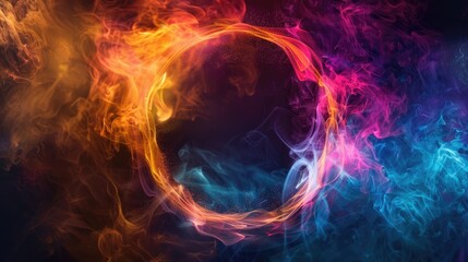 Obraz premium Smoke ring in vivid colors swirls into mystical portal with fiery blast and radiant aura on dark abstract backdrop