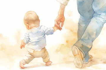 Watercolor Painting of Baby Taking First Steps with Parent in Casual Jeans and Sneaker