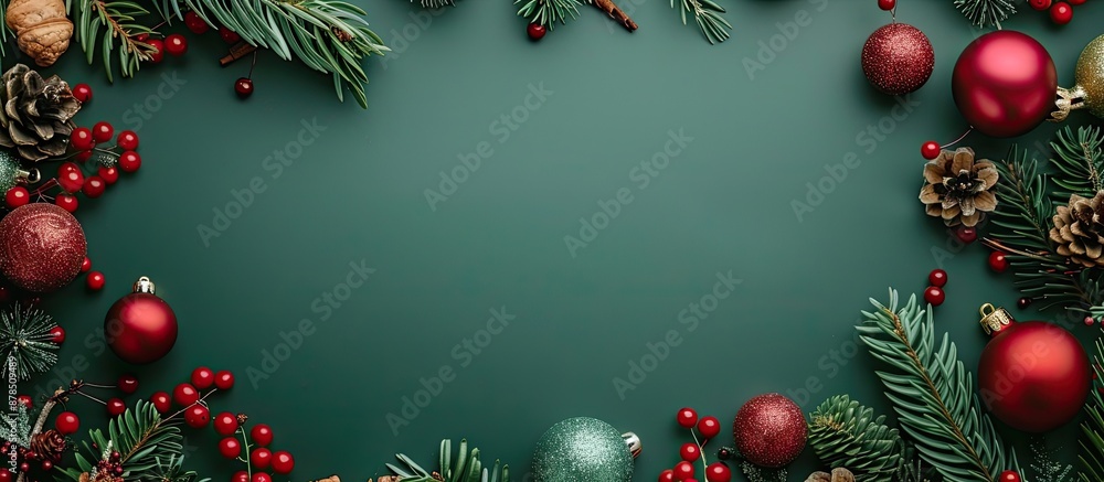 Poster Green background providing relevance to a Christmas-inspired composition with ample copy space image for customization, arranged in a flat lay display.