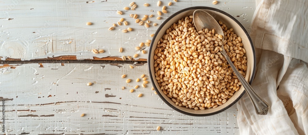 Poster top view of a bowl of dried pearl barley with a spoon on a light wooden table, suitable for adding t