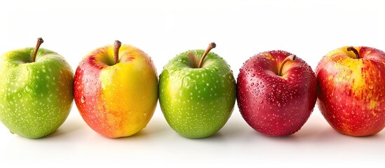 Isolated on a white background, a variety of ripe colorful apples like Fuji, Granny Smith, Red Delicious, and Gala, making a healthy fiber snack, with clipping path and copy space image.