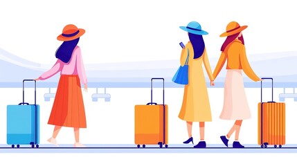 Three women in dresses and hats walking with suitcases at the airport.