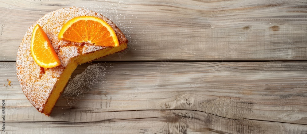 Poster top view of an orange cake placed on a light wooden surface with an orange slice, accompanied by an 