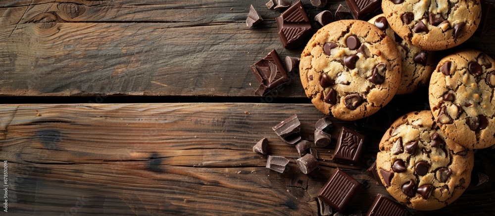 Poster top view of crunchy malt cookies and chocolate on a rustic old wooden table, with ample space for te