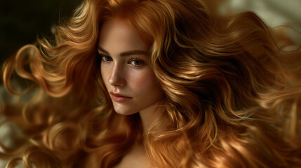Fototapeta premium Close-up portrait of a young woman with long, wavy blonde hair. The image captures her serene expression and natural beauty, emphasizing the texture and movement of her hair.