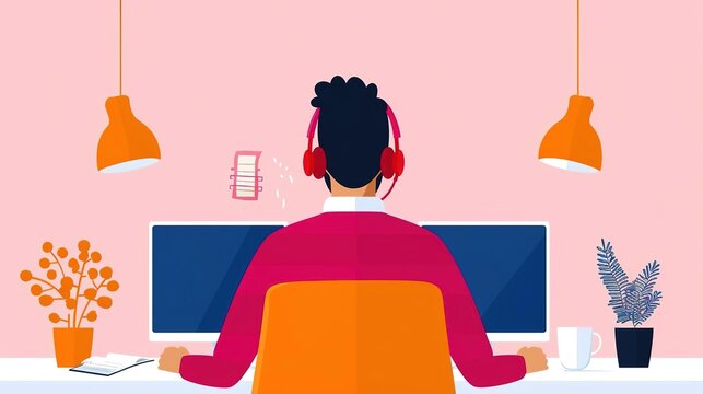 Back view of a man working on a computer in a home office.