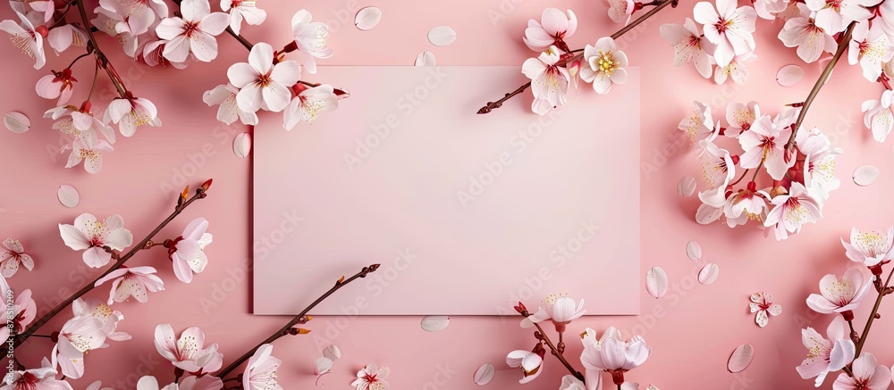 Poster top-down view of a minimalist postcard frame mock-up with cherry blossoms on a soft pink background 