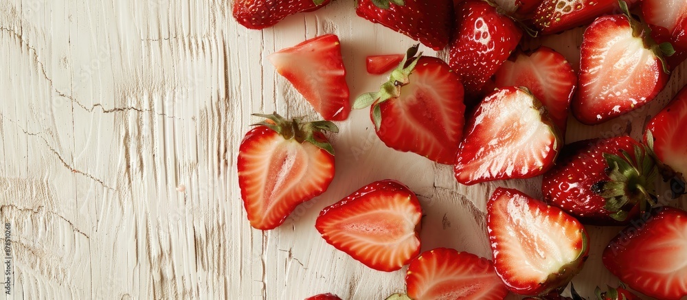 Aufkleber sepia-colored copy space image featuring sliced strawberries on a white wooden surface, creating a r