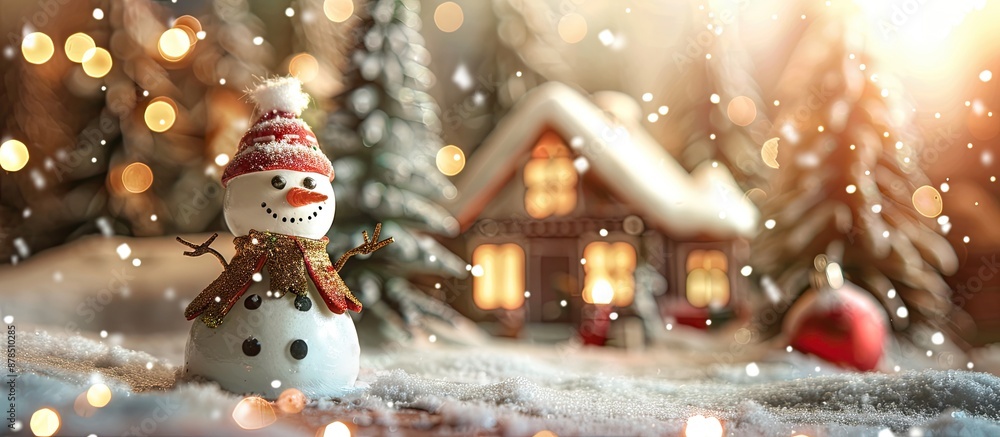 Poster winter-themed scene with a tiny snowman transporting a christmas tree from an enchanting forest to a
