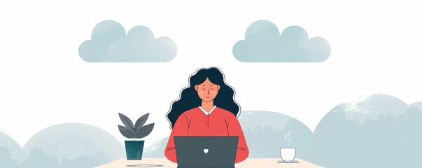 Illustration of a woman working on a laptop with a plant and coffee cup, set against a backdrop of clouds and greenery.