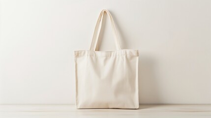 A blank canvas tote bag mockup against an isolated white wall background.