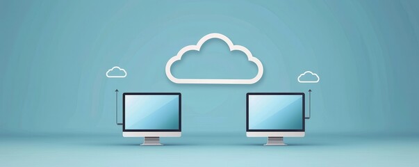 Illustration of two computers connected to a cloud network. Concept of cloud computing and data storage technology.