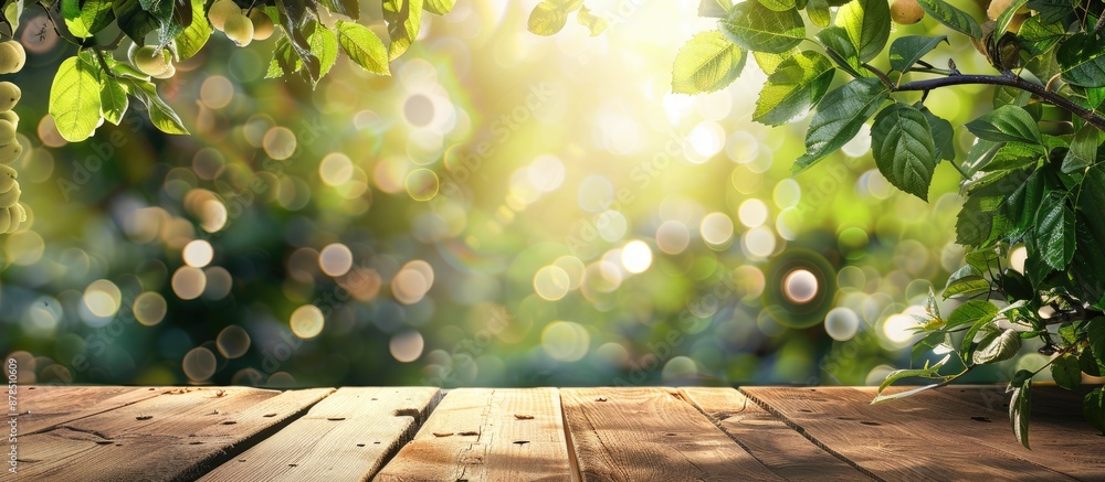 Poster outdoor counter display concept with empty wooden table set against a backdrop of green bokeh create
