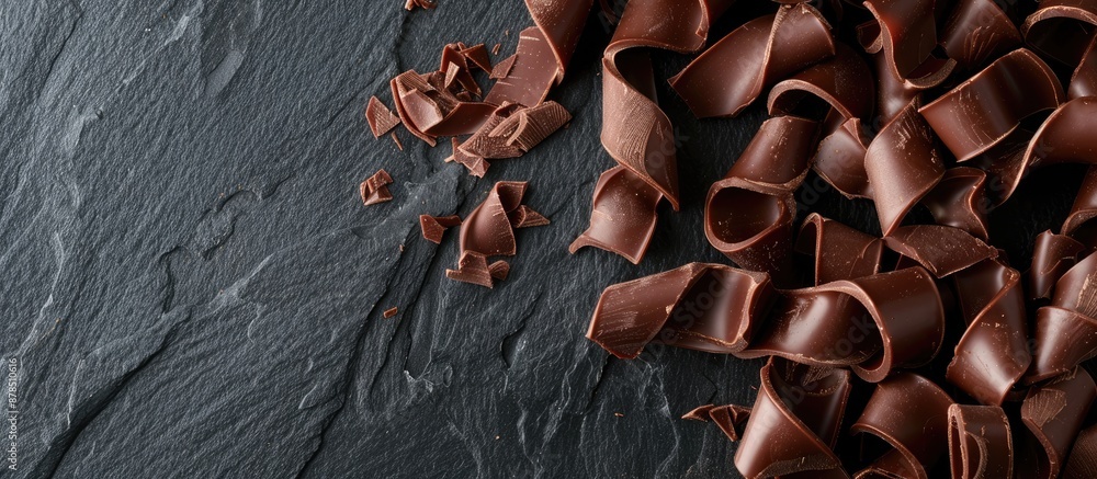 Poster top view of chocolate curls on a black backdrop with copy space image.