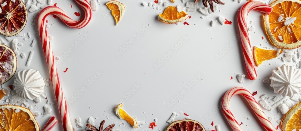 Aufkleber white background with a frame constructed from candy canes and dried oranges, providing a delightful