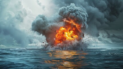 Illustration of a powerful explosion with fire, smoke and debris exploding from the surface of a rough ocean under a dramatic sky