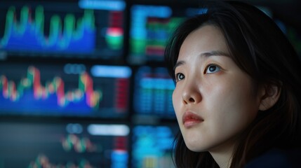 Fototapeta premium Focused woman analyzing stock market data on multiple screens.