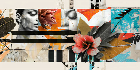 Abstract Floral Collage with Female Faces and Bold Geometric Patterns