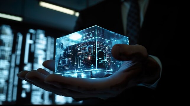 Ein Paar H&auml;nde h&auml;lt einen transparenten Kasten mit digitalen Verbindungen und Knotenpunkten