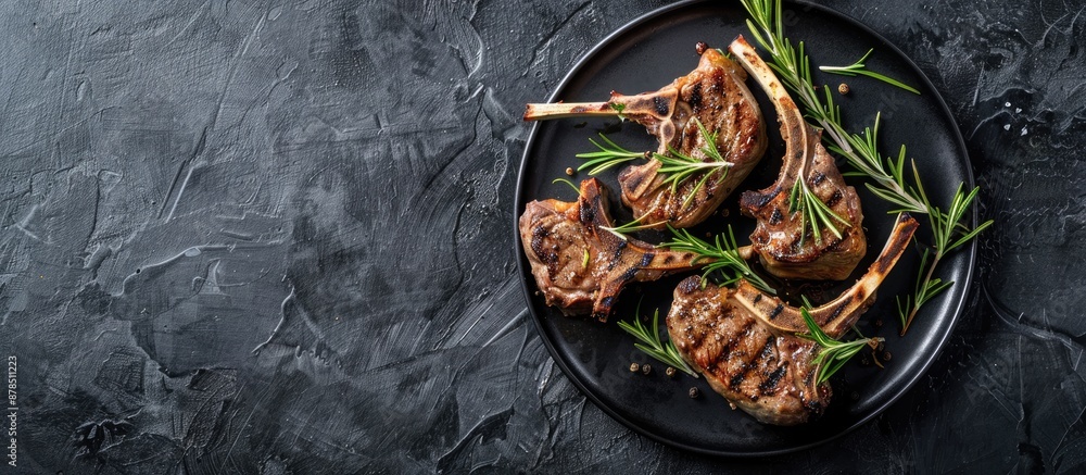 Aufkleber grilled organic lamb chops with rosemary and aromatic herbs on a plate with a blank space for adding