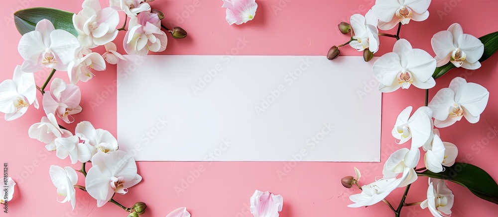 Poster top-view flat lay of a blank paper adorned with white orchids on a pink backdrop, designed for addin