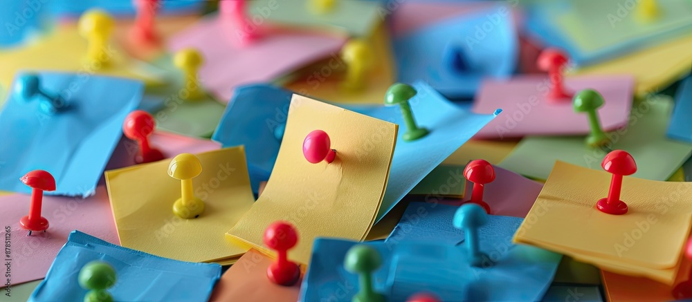 Aufkleber pile of sticky notes arranged with pins for copy space image.