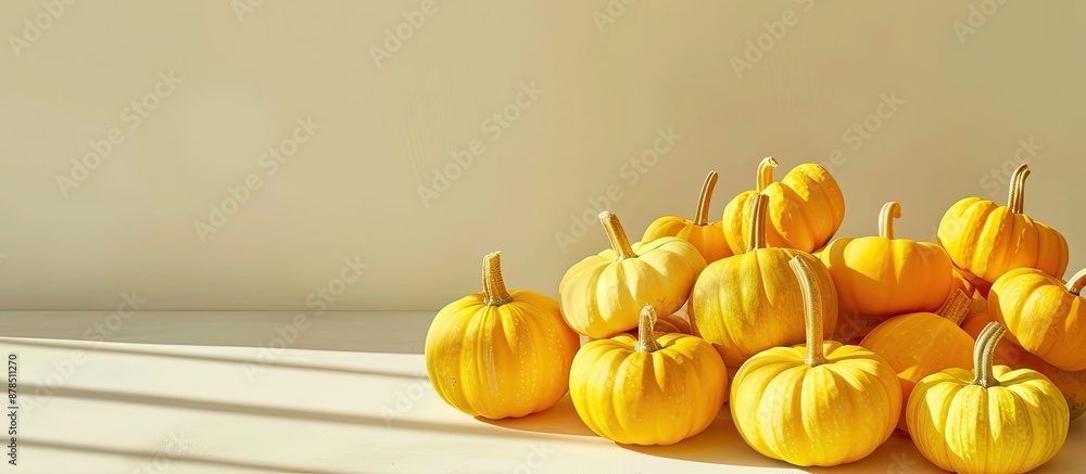 Poster front view of a collection of yellow pumpkins on a light background with daylight shadows, creating 