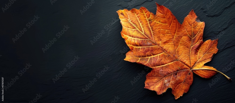 Poster vibrant autumn leaf displayed on a dark background providing ample copy space image.