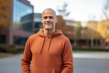 Naklejka premium Portrait of a glad man in his 40s dressed in a comfy fleece pullover isolated on modern university campus background