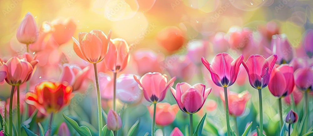 Poster vibrant tulips in a field with a soft focus background, suitable for a copy space image.