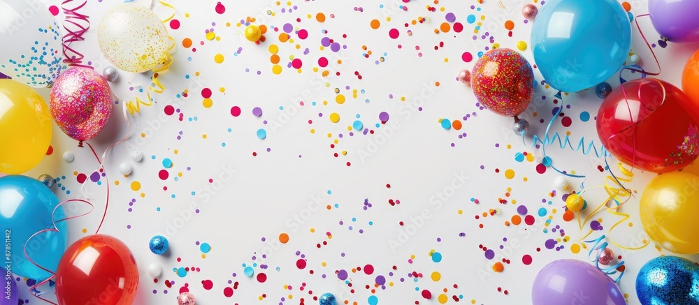 Poster top view of a festive birthday or celebration backdrop featuring colorful balloons, confetti, and ri