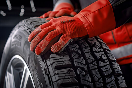 A mechanic in red gloves holds a car wheel, close-up