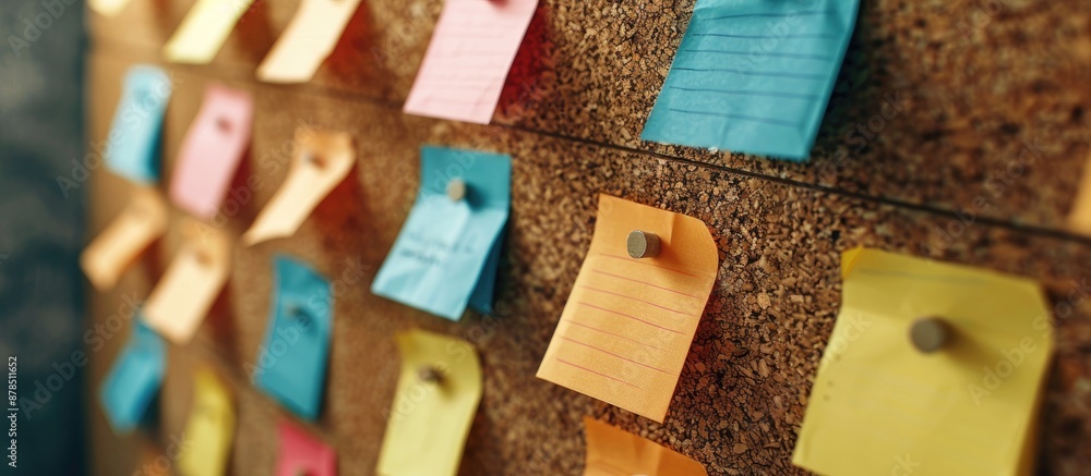 Poster notes attached to cork board with a blank copy space image.