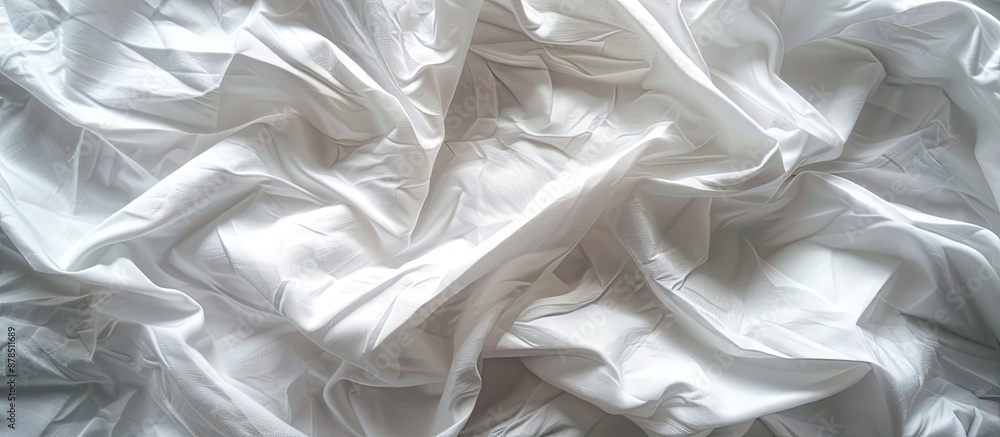 Poster top view of an unmade white bedsheet with a wrinkled texture, creating a rippled surface background,