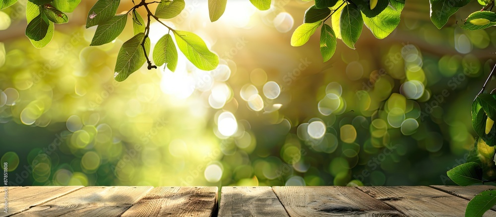 Poster outdoor counter display concept with empty wooden table set against a backdrop of green bokeh create