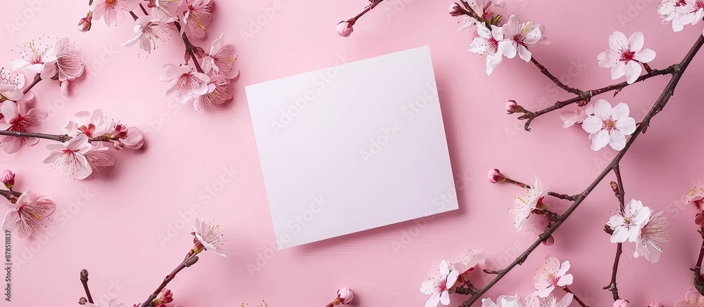 Poster top-down view of a minimalist postcard frame mock-up with cherry blossoms on a soft pink background 