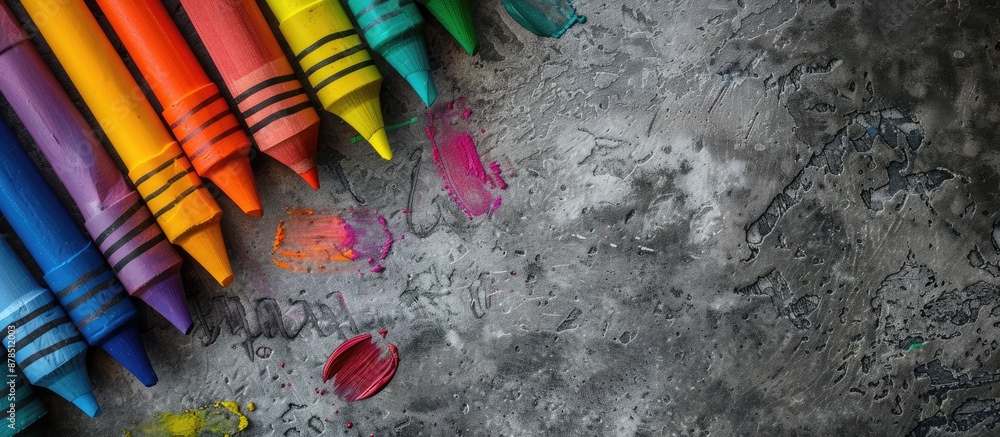Aufkleber top view of a vast set of colorful crayons arranged on a cement background, suitable for education, 
