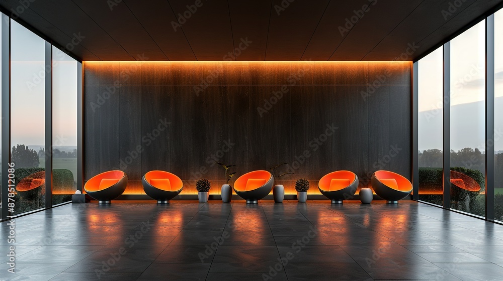 Poster   An array of orange chairs positioned beside one another in front of a wall and above it is a large window