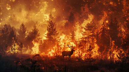 A lone deer stands amidst a raging forest fire, a powerful image of nature's destructive force.