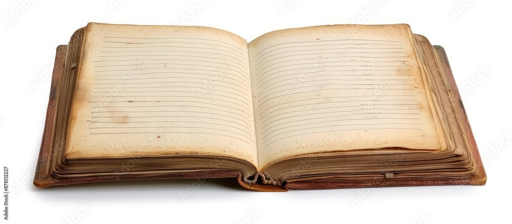 Poster isolated on a white background, there is a blank open notebook with lined paper, providing ample cop