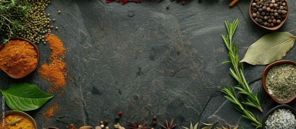 Poster stone table with a variety of spices displayed, surrounded by a frame providing copy space for your 