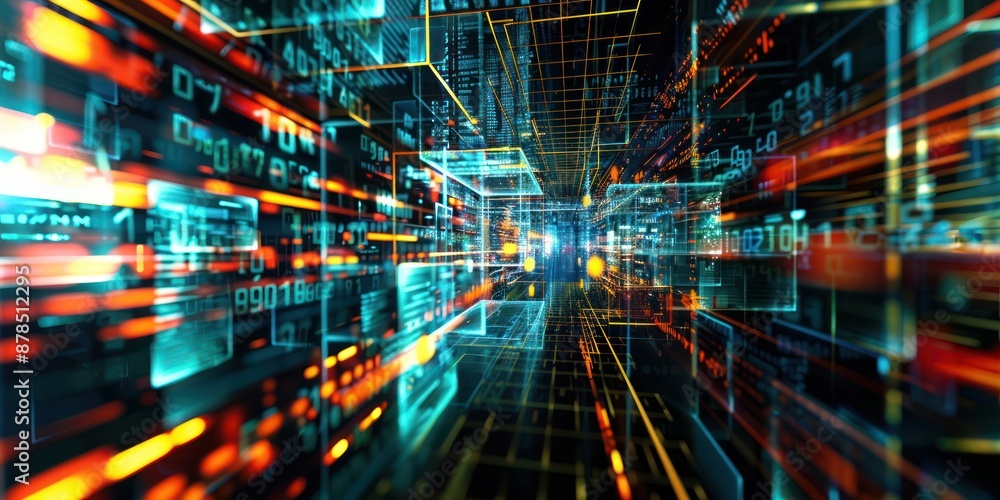Poster abstract technology concept with interconnected digital elements.