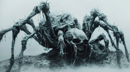 Obraz premium A monstrous, skeletal spider creature with decaying flesh crawls on a misty, barren landscape. Its skull is prominent, a symbol of death and decay.