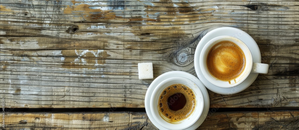 Poster top view of two espresso cups placed beside a sugar cube on a wooden table, allowing for a copy spac