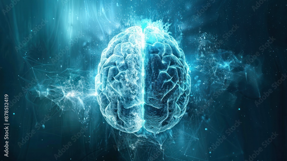 Poster merge of digital ai and human brain halves in complexity theory, futuristic blue background.