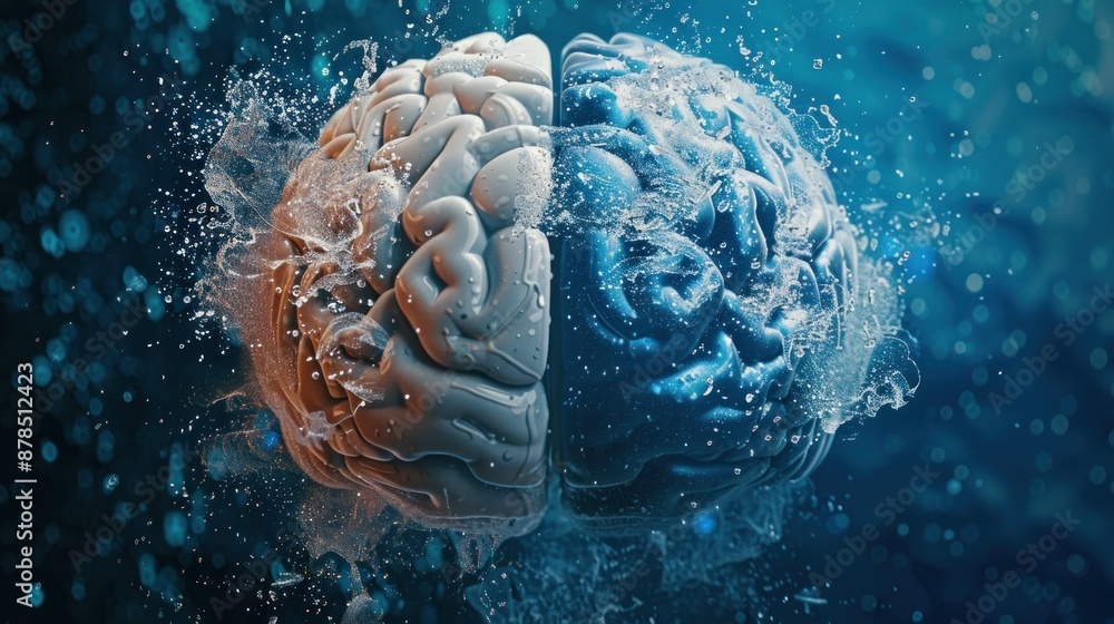Poster merge of digital ai and human brain halves in complexity theory, futuristic blue background.