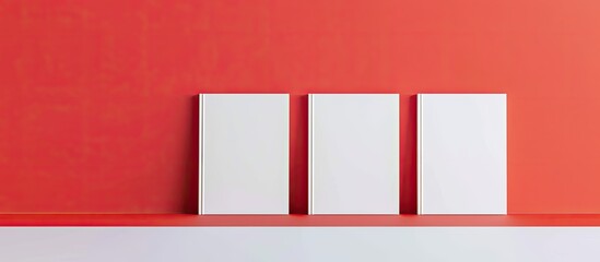 Mockup image with white blank book covers on a table against a red background, offering ample copy space.